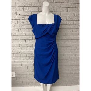 Tahari ASL Women Blue Square Neckline Front  Ruched Sheath Dress Size 10
